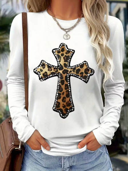 Women Leopard Long Sleeve Tee T-shirt Crew Neck Printing Casual Spring/Fall Graphic Tee Top, JustFashionNow T-Shirts, color:White|size:XXL,