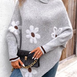 Women Cotton Floral Long Sleeve Comfy Casual Sweater, Sweaters, color:Gray|size:XL, catalog Noracora shop