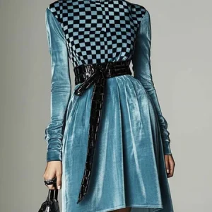 Elegant Plaid Stand Collar Mini Dress With Belt, Midi Dresses, color:Blue|size:XXL, Stylewe