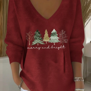 Casual Christmas V Neck Long Sleeve T-shirt, T-shirts, color:Wine Red|size:4XL, catalog Noracora shop