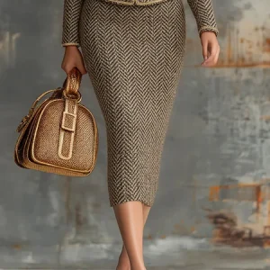 Elegant Herringbone Midi Skirt, Skirts, color:As Picture|size:XXL, Stylewe