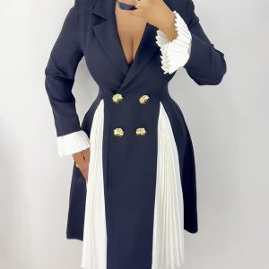 Colorblock Pleated Spliced Notched Collar Pleated Flared Cuff Double Breasted Blazer Dress Elegant Cinched Waist Flared Hem Commuting Dress, women Work Dresses, ChicMe catalog