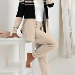 Women Striped Printing Two-Piece Set Daily Long Sleeve Casual Spring/Fall Coat With Pants Matching Set, JustFashionNow Suit Set, color:Apricot|size:XXL,