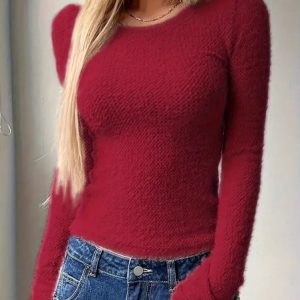Women Plain Long Sleeve Tee T-shirt Crew Neck Split Joint Casual Spring/Fall Top, JustFashionNow T-Shirts, color:Wine Red|size:XXL,