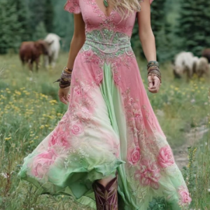 Women Floral Short Sleeve V Neck Dress Vacation Vintage Maxi A-Line Summer Dress, JustFashionNow Dresses, color:Pink|size:5XL