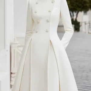 Elegant Plain Buttoned Stand Collar Midi Dress, Midi Dresses, color:White|size:XXL, Stylewe