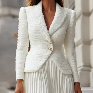 Elegant Buttoned Plain Cross Neck Jacket, Jackets, color:White|size:XXL, Stylewe