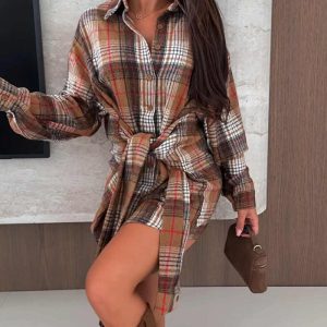 Plaid Long Sleeve Shirt Dress with Turn-down Collar Casual Waist Tied Detail Mini Dress, women Shirt Dresses, ChicMe catalog