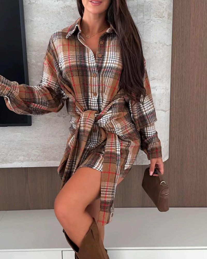 Plaid Long Sleeve Shirt Dress with Turn-down Collar Casual Waist Tied Detail Mini Dress, women Shirt Dresses, ChicMe catalog