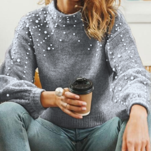 Women Cotton-Blend Plain Long Sleeve Comfy Street Beaded Sweater, Sweaters, color:Light Gray|size:XXL, catalog Noracora shop