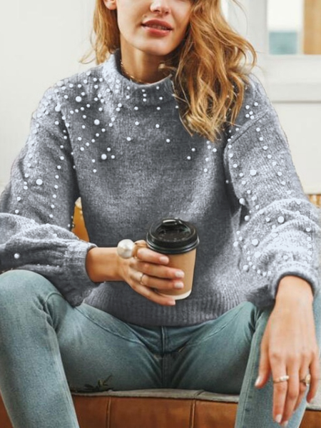 Women Plain Beaded Winter Street Balloon Sleeve Long Sleeve Mock Neck Cotton-Blend Sweater, JustFashionNow Sweaters, color:Light Gray|size:XXL,