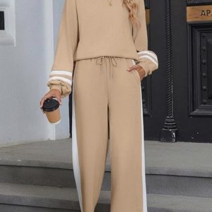 Women Color Block Two-Piece Set Daily Long Sleeve Casual Spring/Fall Top With Pants Matching Set, Jumpsuits&Rompers, color:Khaki|size:XXL, catalog Noracora shop