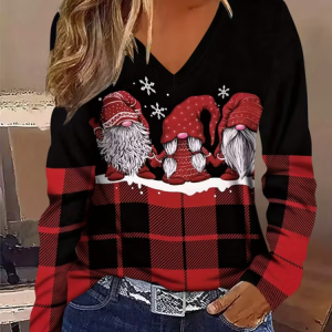 Casual Plaid V Neck Long Sleeve T-shirt, T-shirts, color:Black-red|size:XXL, catalog Noracora shop