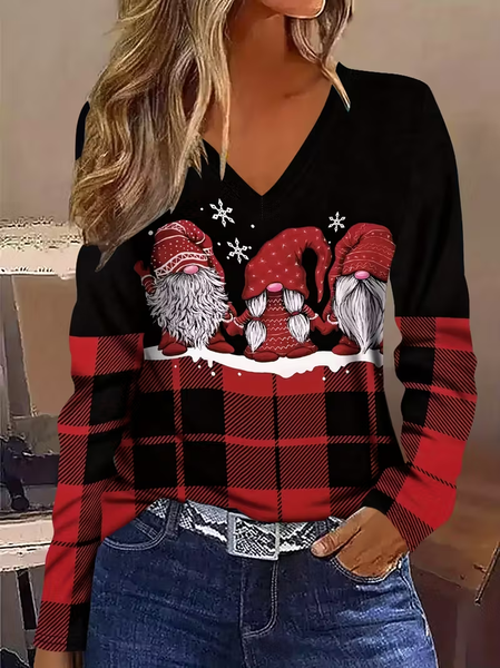 Women Plaid Long Sleeve Tee T-shirt V Neck Printing Casual Spring/Fall Graphic Tee Top, JustFashionNow T-Shirts, color:Black-red|size:XXL,