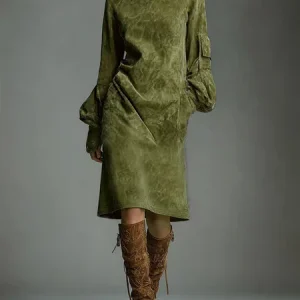 Urban Suede-Look Midi Dress with Pockets, Midi Dresses, color:Green|size:XXL, Stylewe