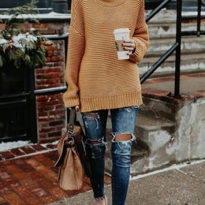 Women Plain Long Sleeve Comfy Street Split Joint Sweater, Sweaters, color:Mustard|size:XXL, catalog Noracora shop