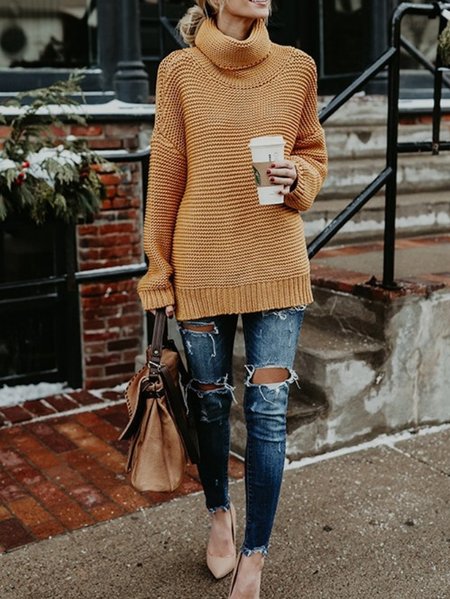 Women Plain Split Joint Winter Street Long Sleeve Turtleneck Sweater, JustFashionNow Sweaters, color:Mustard|size:XXL,
