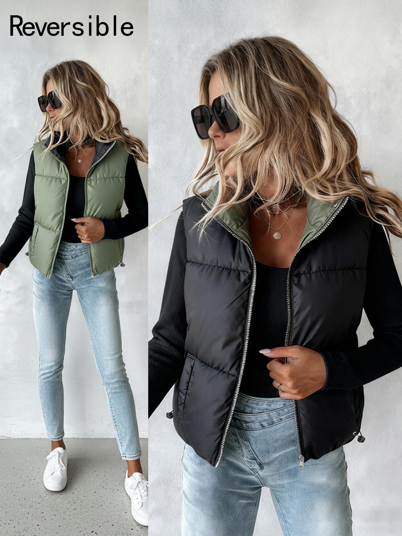 Stand Collar Sleeveless Zip Up Drawstring Hem Vest Casual Two-Way Reversible Ladies Warm Winter Padded Coat, women Jackets & Coats, ChicMe catalog - Image 2