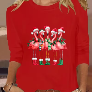 Casual Flamingo Crew Neck Long Sleeve T-shirt, T-shirts, color:Red|size:XXL, catalog Noracora shop