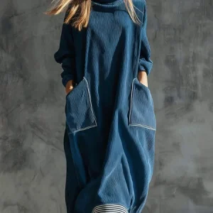 Urban Plain Corduroy Pocket Stitching Turtleneck Midi Dress, Midi Dresses, color:Blue|size:XXL, Stylewe