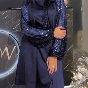 Women Plain Spring/Fall Split Joint Dress Crew Neck Long Sleeve Sequin A-Line Dress, Dresses, color:Blue|size:3XL, catalog Noracora shop