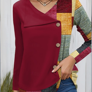 Casual Plaid V Neck Long Sleeve T-shirt, T-shirts, color:Wine Red|size:4XL, catalog Noracora shop