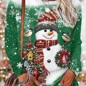 Casual Christmas Snowman Crew Neck Long Sleeve T-shirt, T-shirts, color:Green|size:XXL, catalog Noracora shop