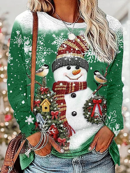 Women Christmas Snowman Long Sleeve Tee T-shirt Crew Neck Printing Casual Spring/Fall Graphic Tee Top, JustFashionNow T-Shirts, color:Green|size:XXL,