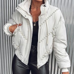 Pearls & Rhinestone Decor Drawstring Stand Collar Long Sleeve Quilted Puffer Coat Casual Zip Up Crop Warm Coat, women Jackets & Coats, ChicMe catalog