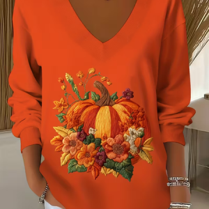 Casual Floral V Neck Long Sleeve T-shirt, T-shirts, color:Orange|size:4XL, catalog Noracora shop