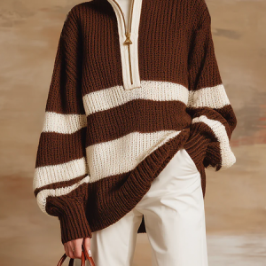 Casual Color Block Stand Collar Sweater, Pullovers, color:Brown|size:XXL, Stylewe