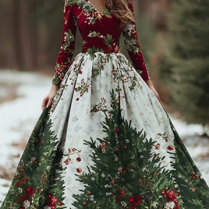 Women Christmas Spring/Fall Dress V Neck Long Sleeve A-Line Dress, Dresses, color:Green|size:5XL, catalog Noracora shop