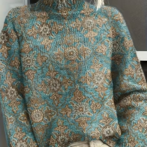 Women Floral Printing Spring/Fall Vintage Long Sleeve Turtleneck Sweater, JustFashionNow Sweaters, color:Blue|size:4XL,
