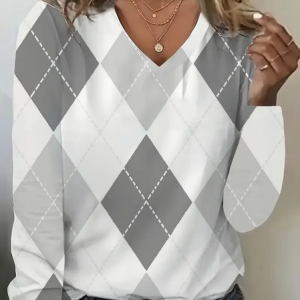 Casual Plaid V Neck Long Sleeve T-shirt, T-shirts, color:Gray|size:XXL, catalog Noracora shop