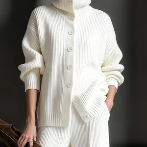 Casual Plain Turtleneck Sweater Cardigan, Cardigans, color:White|size:XXL, Stylewe