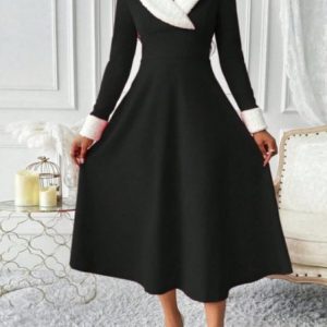 Women Plain Spring/Fall Split Joint Dress V Neck Long Sleeve Tank A-Line Dress, Dresses, color:Black|size:XL, catalog Noracora shop