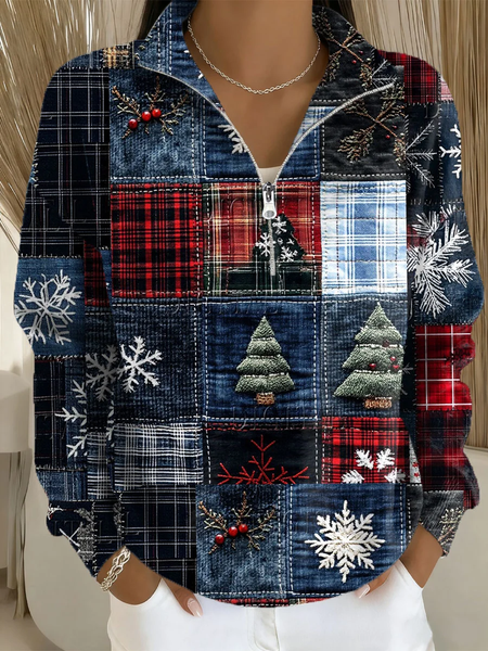 Women Christmas Shawl Collar Printing Casual Spring/Fall Long Sleeve Sweatshirt, JustFashionNow Sweatshirts & Hoodies, color:Blue|size:4XL,
