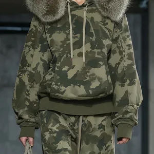 Casual Camo Printing Fur Collar Hoodie, Hoodies and Sweatshirts, color:Green|size:XXL, Stylewe