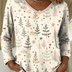 Casual Christmas V Neck Long Sleeve T-shirt, T-shirts, color:Apricot|size:XXL, catalog Noracora shop