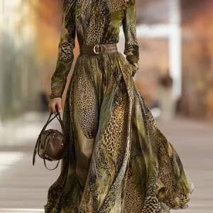 Elegant Leopard Printing Mock Neck Maxi Dress With Belt, Maxi Dresses, color:As Picture|size:XXL, Stylewe