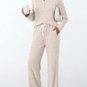 Women Plain Two-Piece Set Daily Long Sleeve Casual Spring/Fall Top With Pants Matching Set, Jumpsuits&Rompers, color:Apricot|size:XXL, catalog Noracora shop