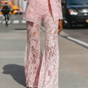 Lace Elegant Plain Wide Leg Fashion Pants, Pants, color:Pink|size:XXL, Stylewe