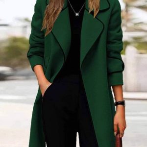Women Winter Outerwear Urban Color Block Long Sleeve Lapel Collar Jacket, Coats, color:Green|size:3XL, catalog Noracora shop