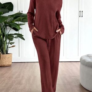 Women Plain Two-Piece Set Daily Long Sleeve Casual Spring/Fall Top With Pants Matching Set, Sets, color:Wine Red|size:XL, catalog Noracora shop