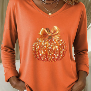 Women Halloween (pumpkin) Long Sleeve Tee T-shirt V Neck Printing Casual Spring/Fall Graphic Tee Top, JustFashionNow T-Shirts, color:Orange|size:XXL