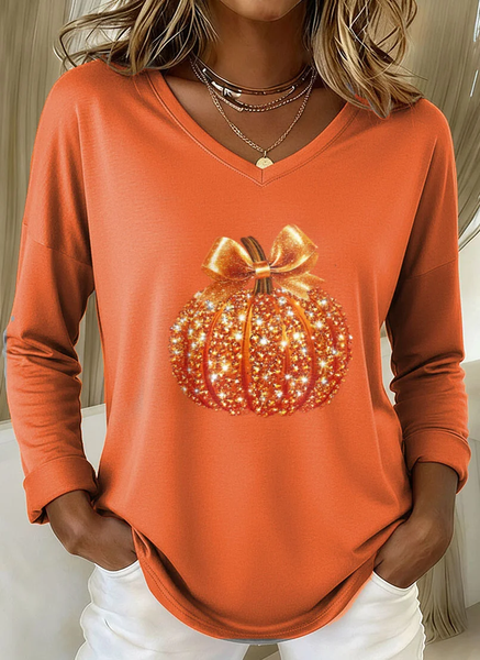Women Halloween (pumpkin) Long Sleeve Tee T-shirt V Neck Printing Casual Spring/Fall Graphic Tee Top, JustFashionNow T-Shirts, color:Orange|size:XXL