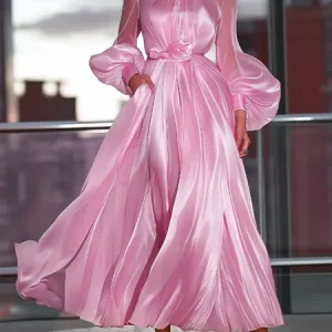 Urban Plain  Stand Collar Maxi Dress, Maxi Dresses, color:Pink|size:XXL, Stylewe