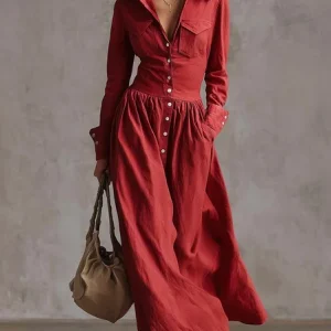 Elegant Plain Buttoned Shirt Collar Maxi Dress, Maxi Dresses, color:Red|size:XXL, Stylewe