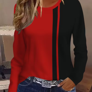 Casual Abstract Crew Neck Long Sleeve T-shirt, T-shirts, color:Black-red|size:XXL, catalog Noracora shop