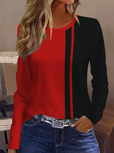 Women Abstract Long Sleeve Tee T-shirt Crew Neck Printing Casual Spring/Fall Graphic Tee Top, JustFashionNow T-Shirts, color:Black-red|size:XXL,